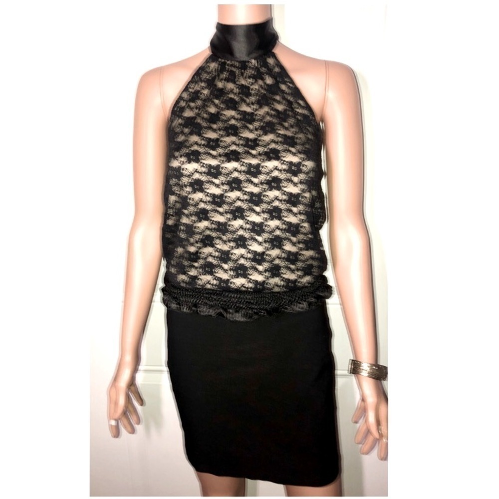 Bongo black lace overlay halter top with black satiny scarf ribbon Medium
